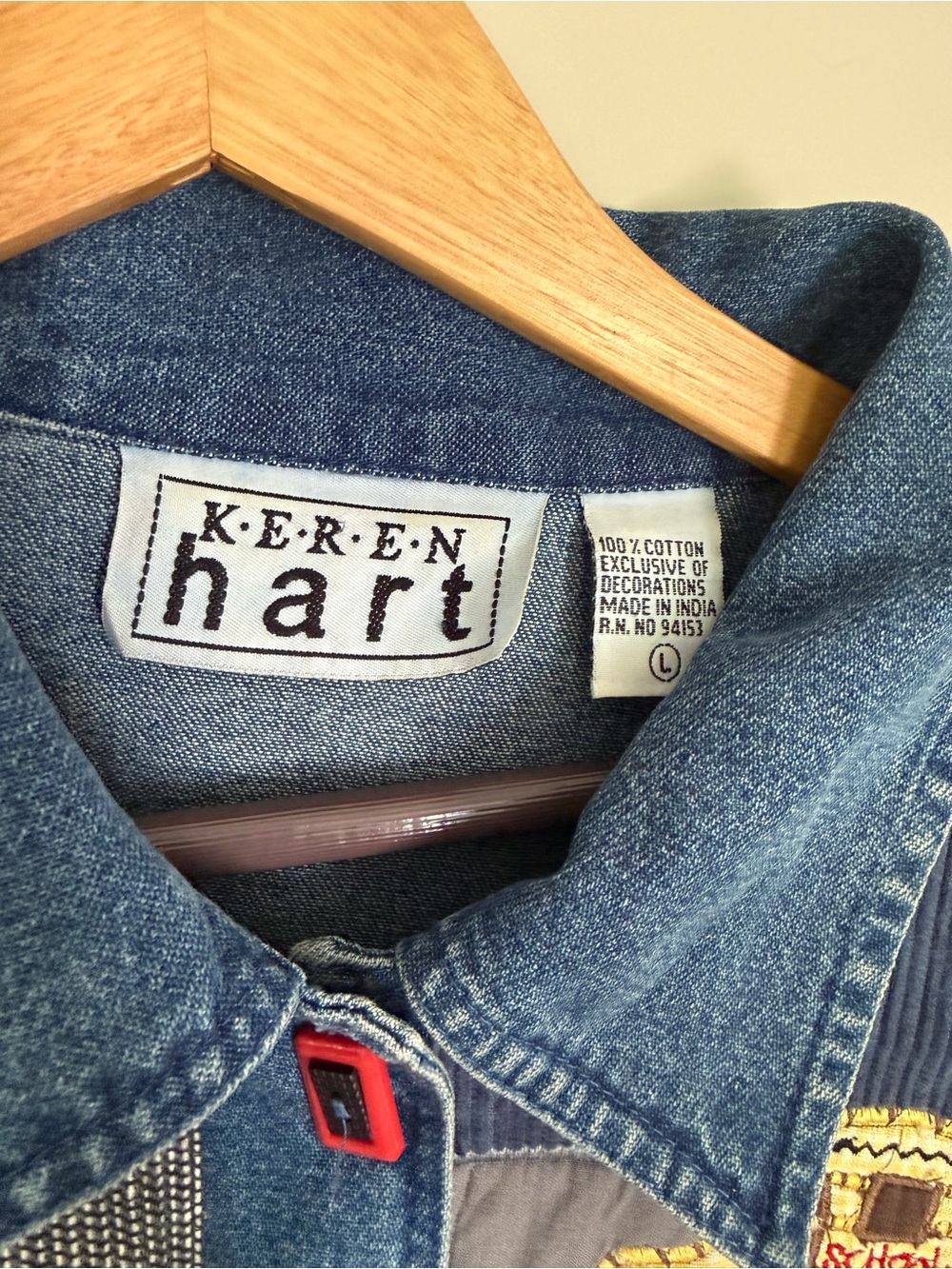 Vintage KEREN Hart Patchwork Denim Jacket Colorful School Teacher Motifs Sz L - Picture 2 of 3